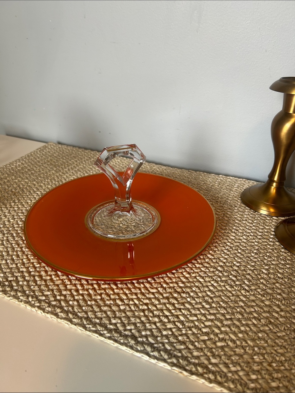 Vintage Orange Glass Pedestal Cake Plate
Gold Rim MCM